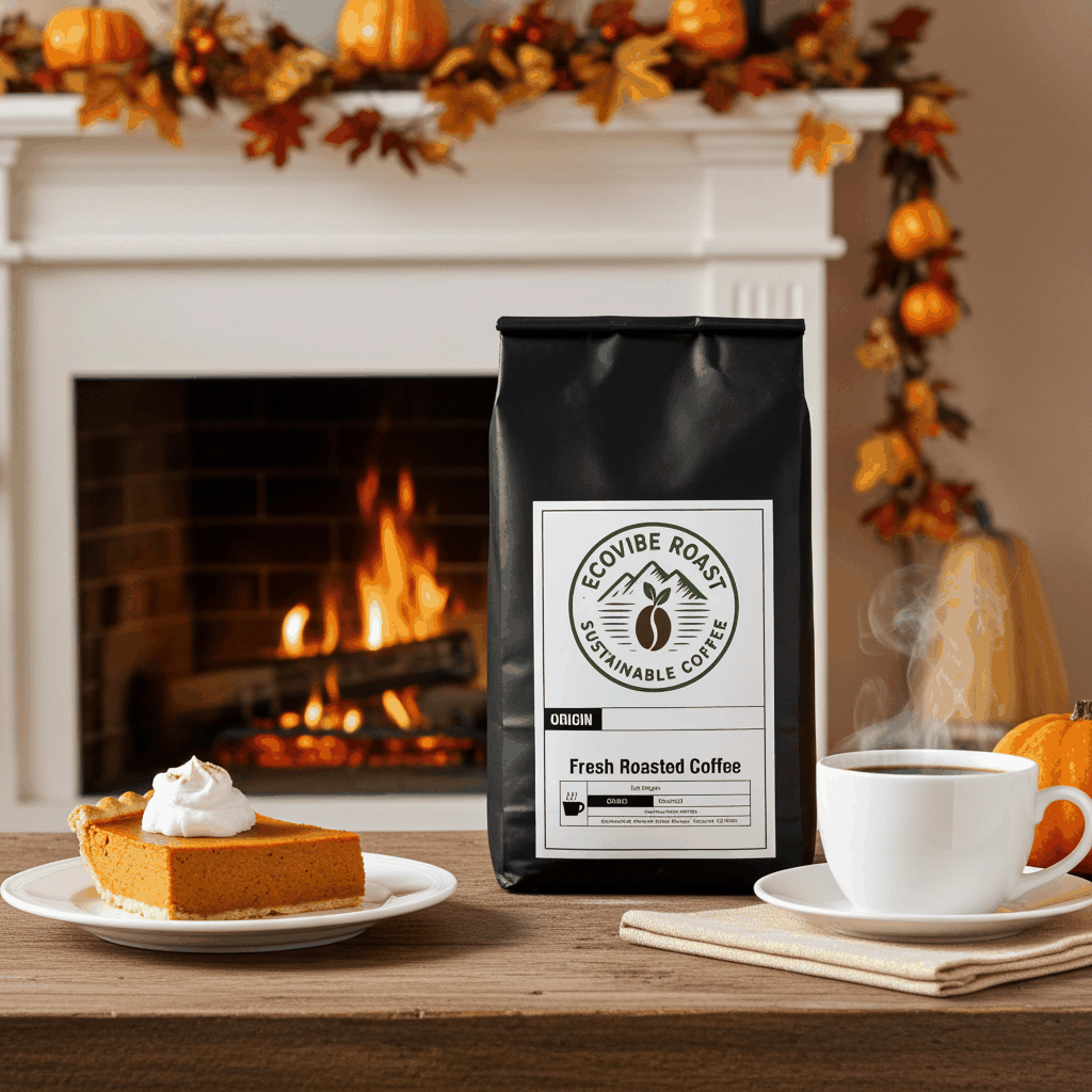 Pumpkin spice flavored medium roast coffee bag with steaming cup and pumpkin pie by cozy fireplace setting