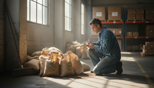 Worker checks compostable coffee bags in warehouse