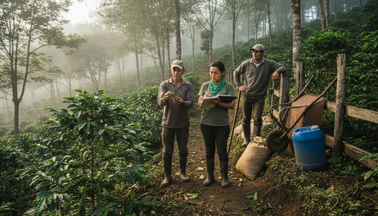 Farmers working on hillside sustainable coffee field