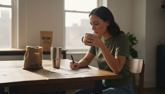 Woman reviews sustainable coffee checklist at home