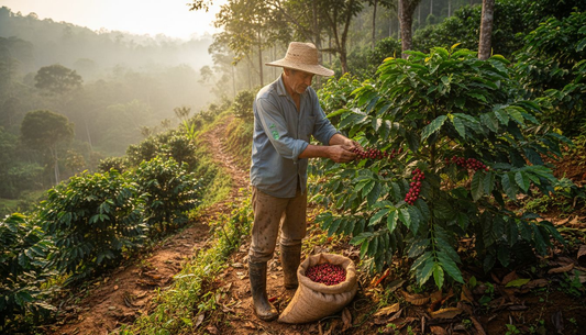Farmer inspects coffee plants at sunrise