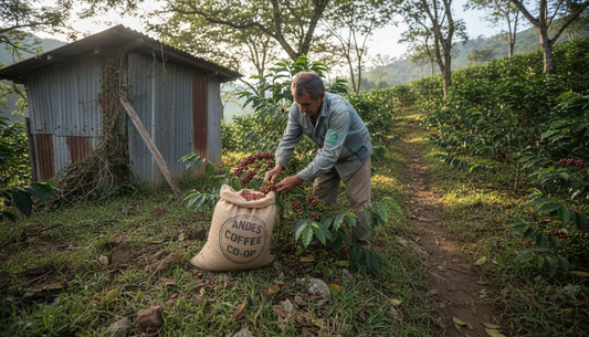 Farmer inspecting coffee crop on hillside