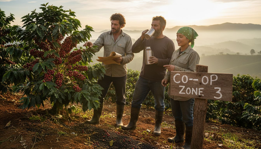 Coffee farmers working together at sunrise