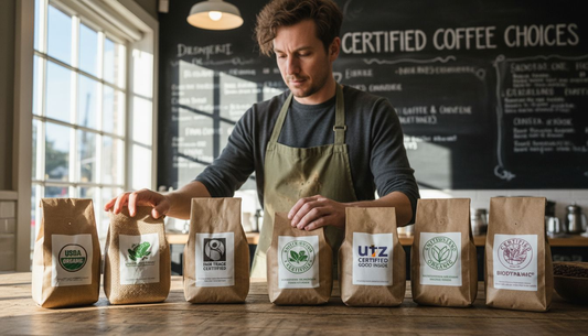 Barista arranging certified coffee bags in cafe