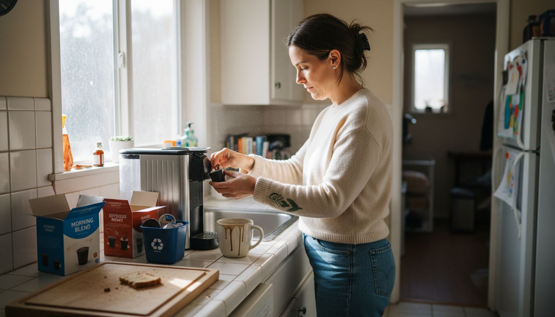 Woman making coffee with single-serve pods in kitchen