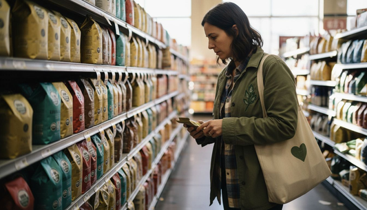 Woman examines sustainable coffee options in store