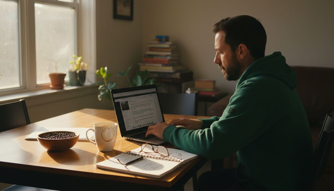 Man researching sustainable coffee farms at home
