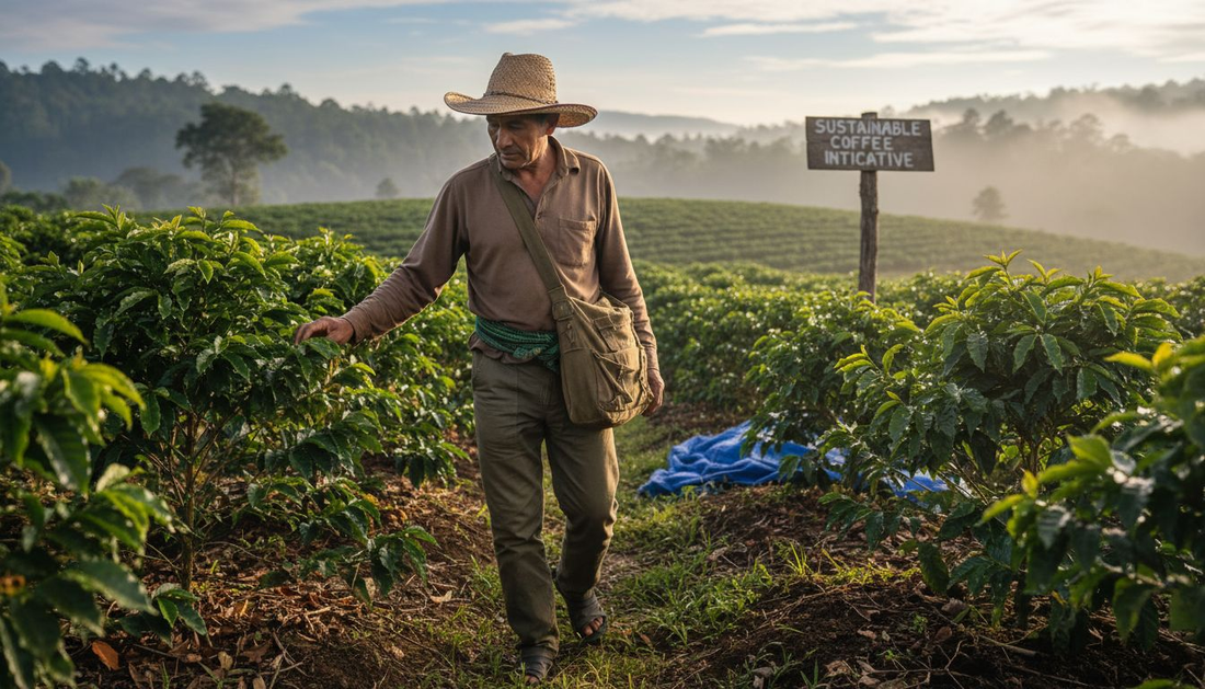 Farmer walks on sustainable coffee hillside