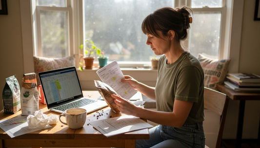Woman researching coffee certifications at kitchen table