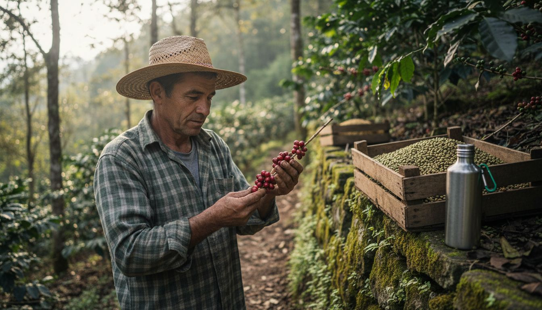 Farmer inspecting sustainable coffee plants outdoors