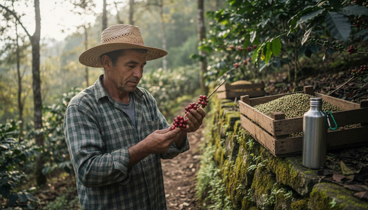 Farmer inspecting sustainable coffee plants outdoors