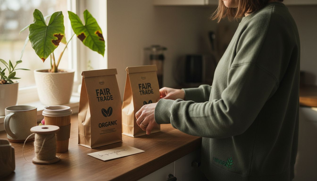 Woman assembling sustainable coffee gift set