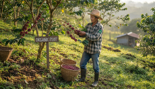 Farmer inspecting organic coffee plants outdoors