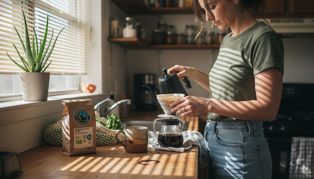 Eco-conscious woman brewing coffee sustainably in kitchen