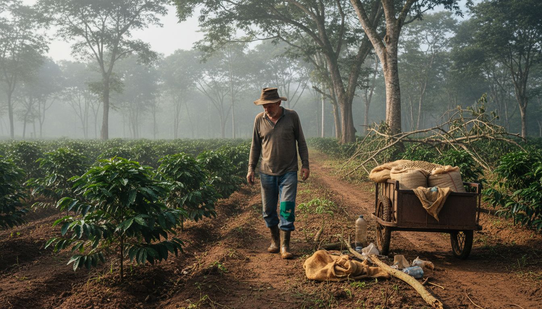 Farmer walking along coffee plants near forest edge