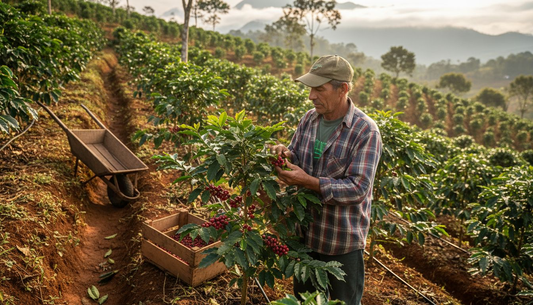 Farmer inspecting coffee plants on hillside