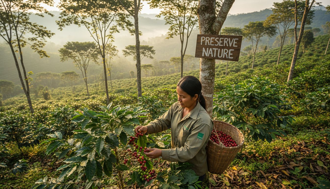 Farmer picking coffee cherries under shade trees