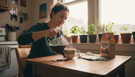 Eco-conscious woman brewing flavored coffee at kitchen table