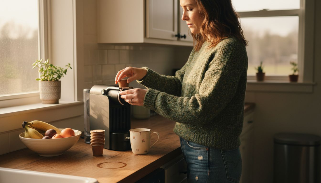 Woman using compostable coffee pod in kitchen