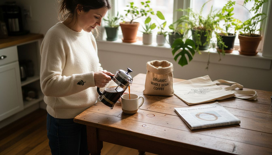Woman making organic coffee in sunlit eco kitchen