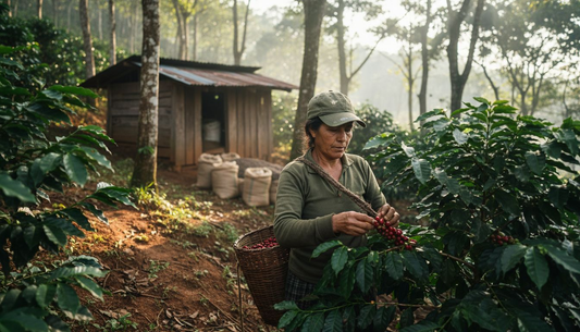 Coffee farmer harvesting beans at sunrise