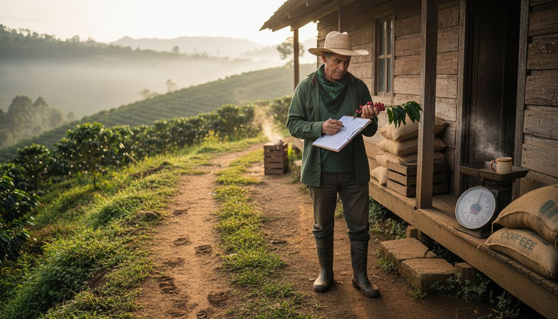 Coffee farmer checking log at hillside farm