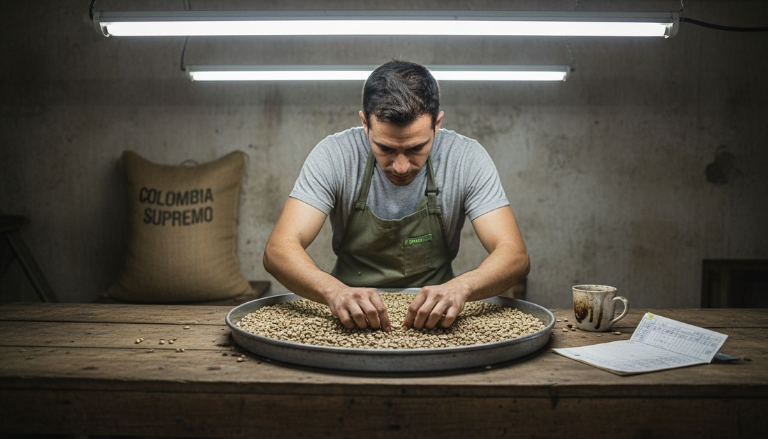 Man inspecting coffee beans in cupping lab