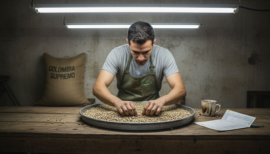 Man inspecting coffee beans in cupping lab