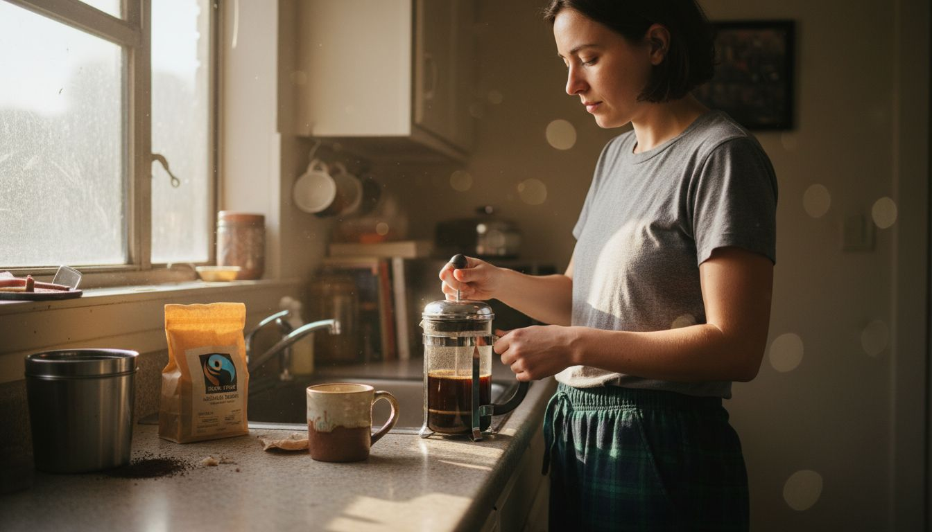 Woman brewing coffee with eco-friendly setup