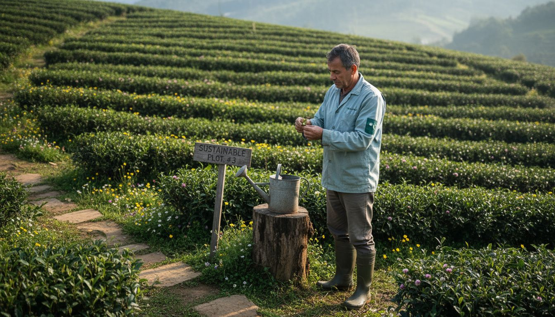 Tea farmer inspecting eco-friendly hillside plantation