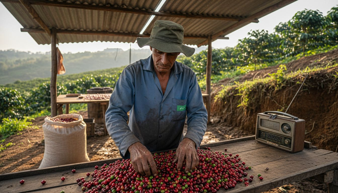 Farmer sorting fresh coffee cherries outdoors