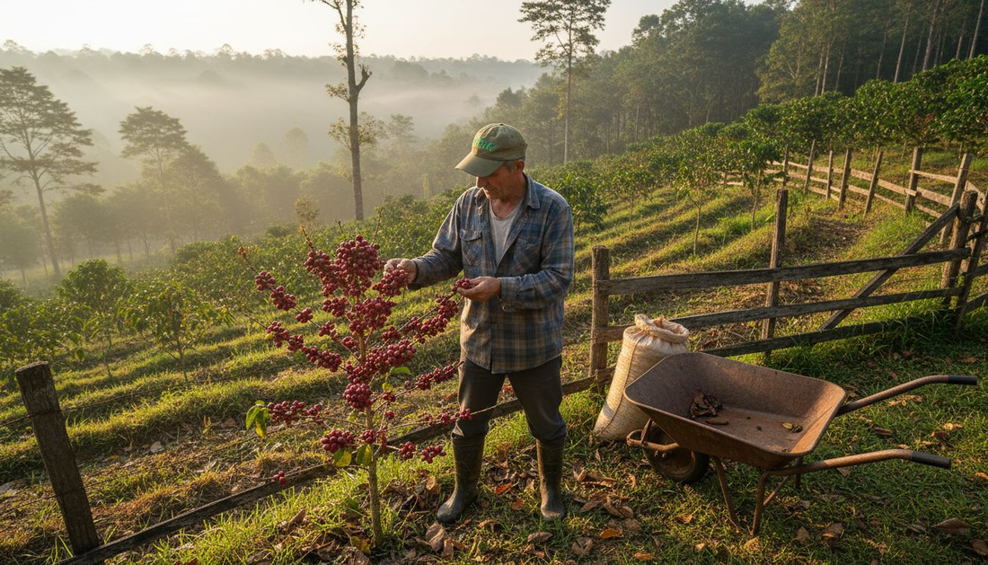 Coffee farmer inspecting plants at sunrise
