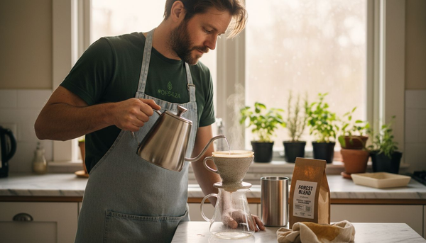 Man making pour-over coffee in home kitchen