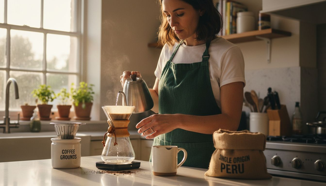 Woman making eco-conscious coffee in kitchen