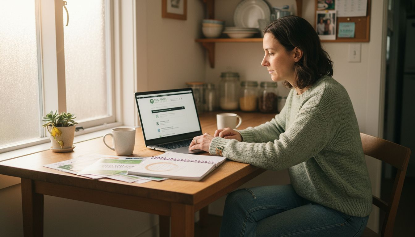 Woman researching green coffee brands at kitchen table