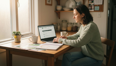 Woman researching green coffee brands at kitchen table