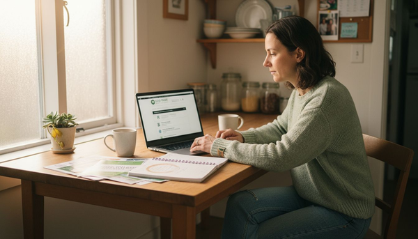 Woman researching green coffee brands at kitchen table