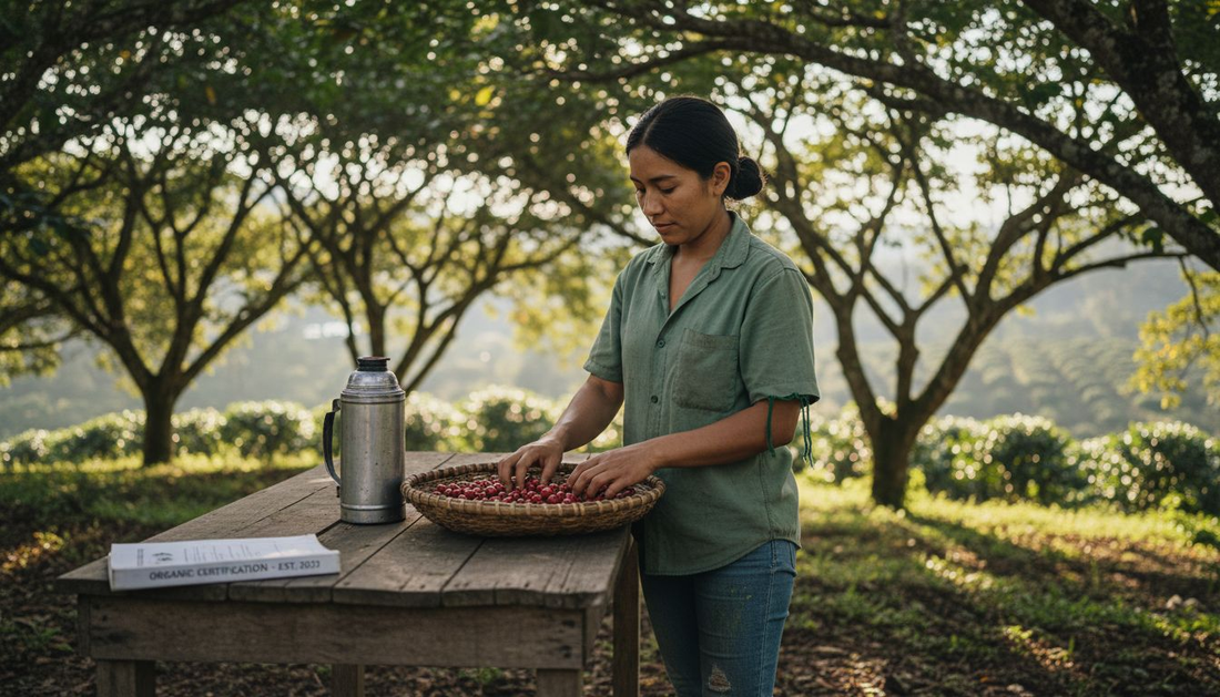 Woman inspecting organic coffee on farm table