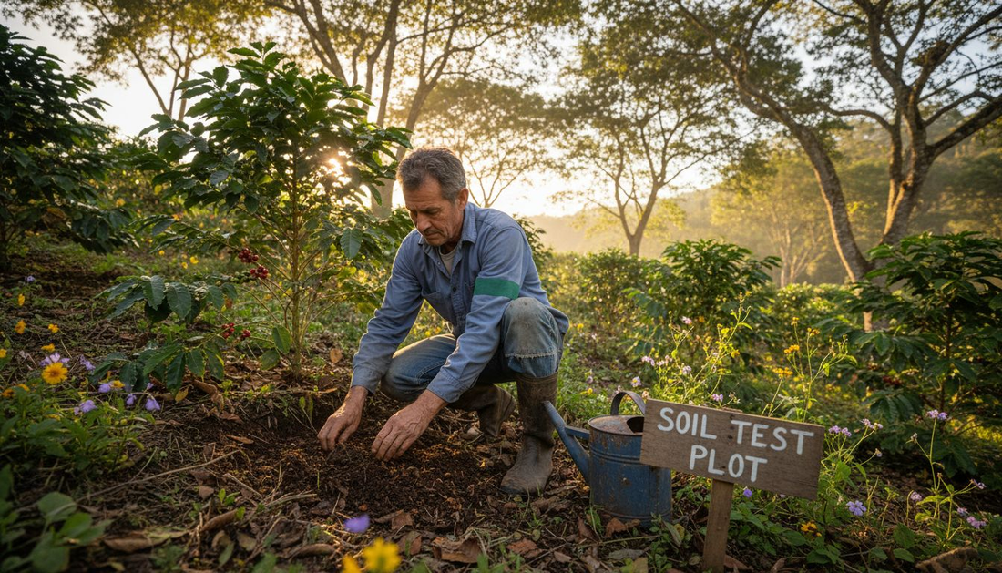 Coffee farmer inspects soil in early morning