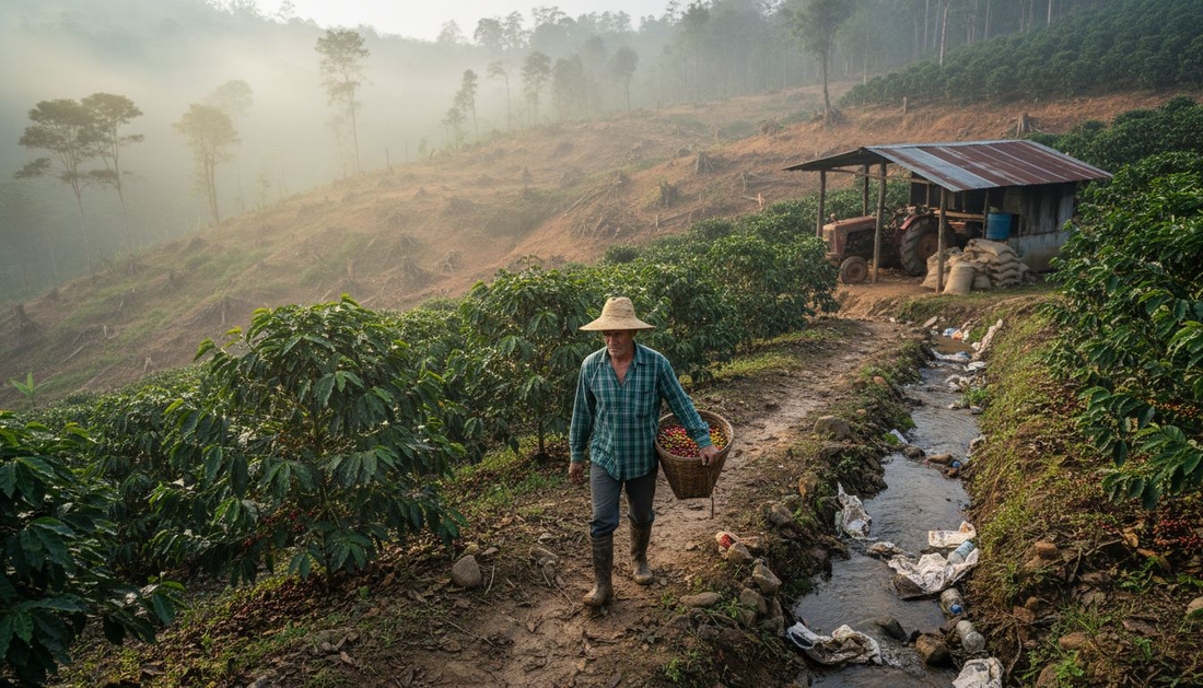 Farmer walking through hillside coffee farm