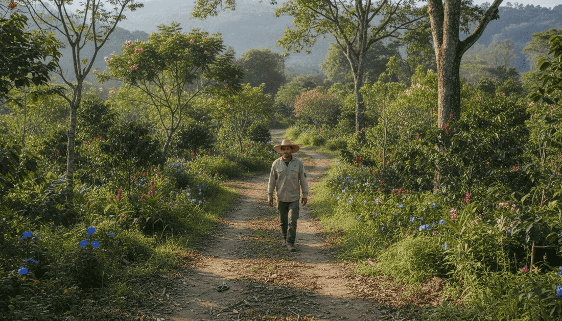Farmer walking in biodiverse coffee farm