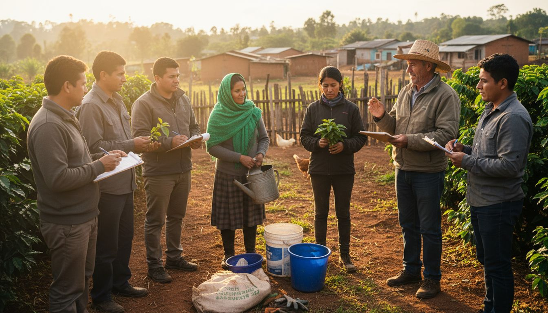 Coffee farmers meeting in sunny rural field