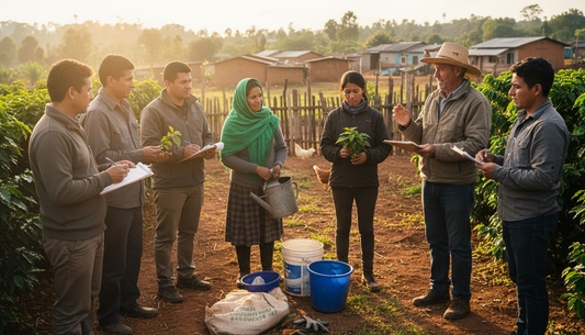 Coffee farmers meeting in sunny rural field