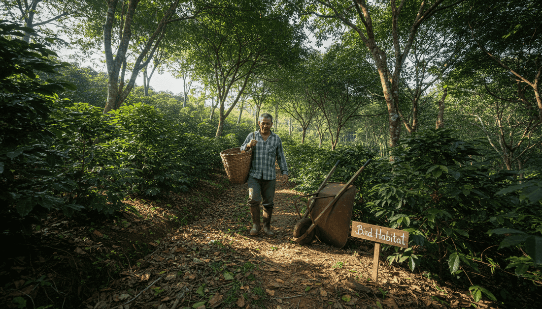 Shade grown coffee farm with farmer in trees