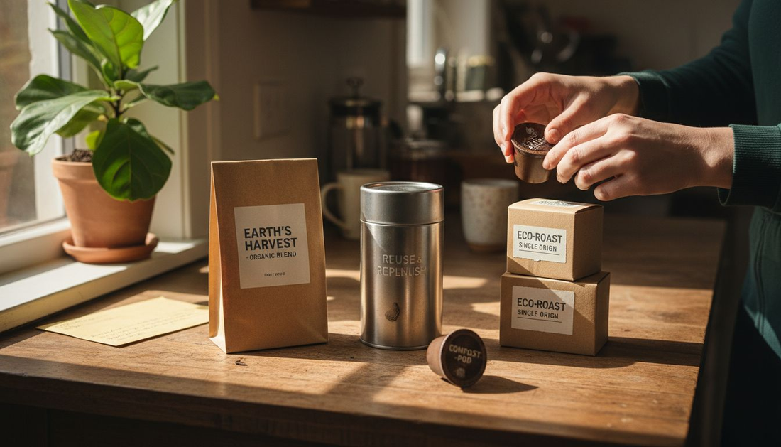 Hands unboxing eco coffee packaging on table