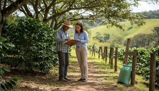 Coffee farmer and auditor with certification documents