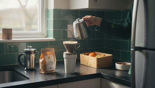 Person making coffee using pour-over and reusable cup