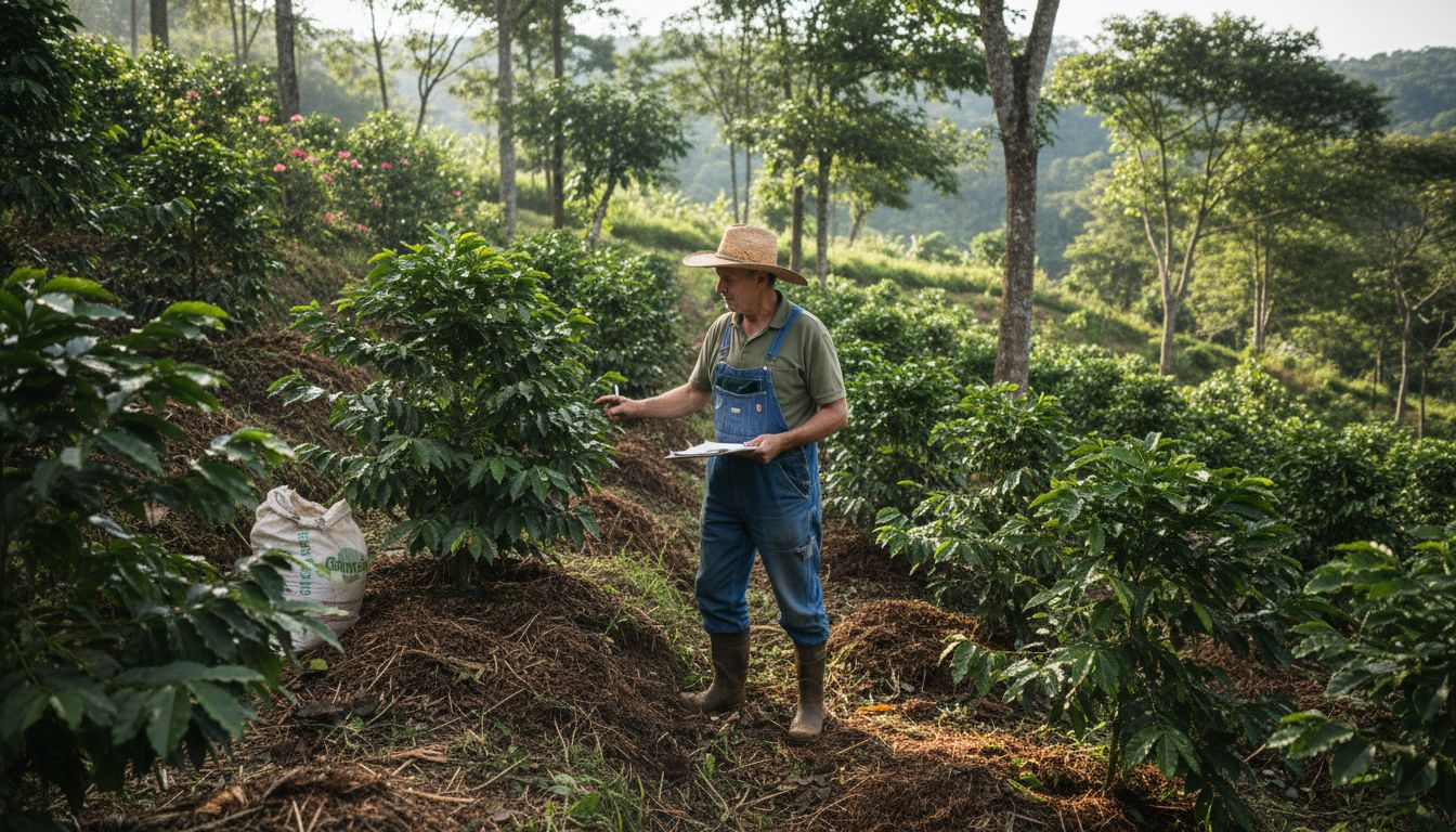 Farmer inspecting eco-friendly coffee crops