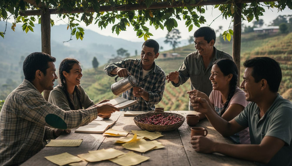 Farmers meeting at coffee cooperative table
