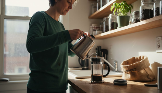 Preparing French press coffee in sunlit kitchen